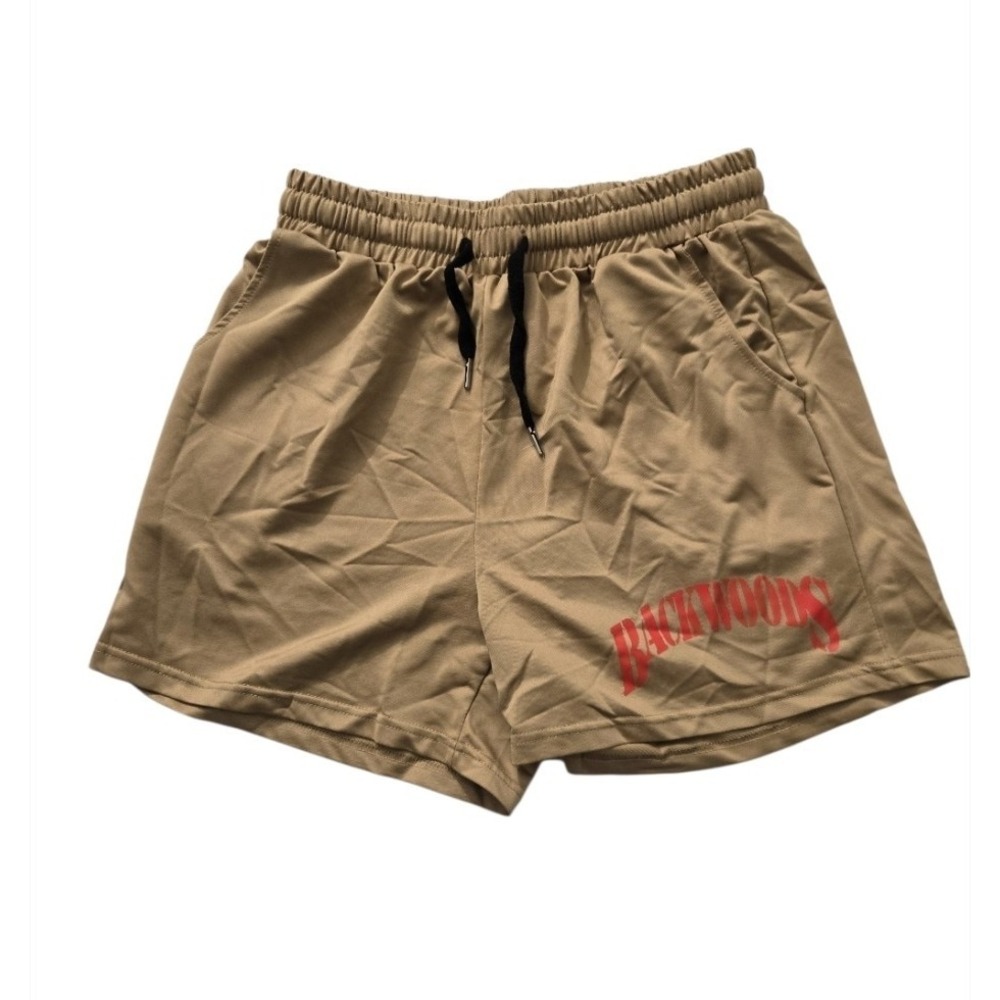 Backwoods Graphic‎ Shorts Tan Brown Size M Distressed Red Logo Polyester...